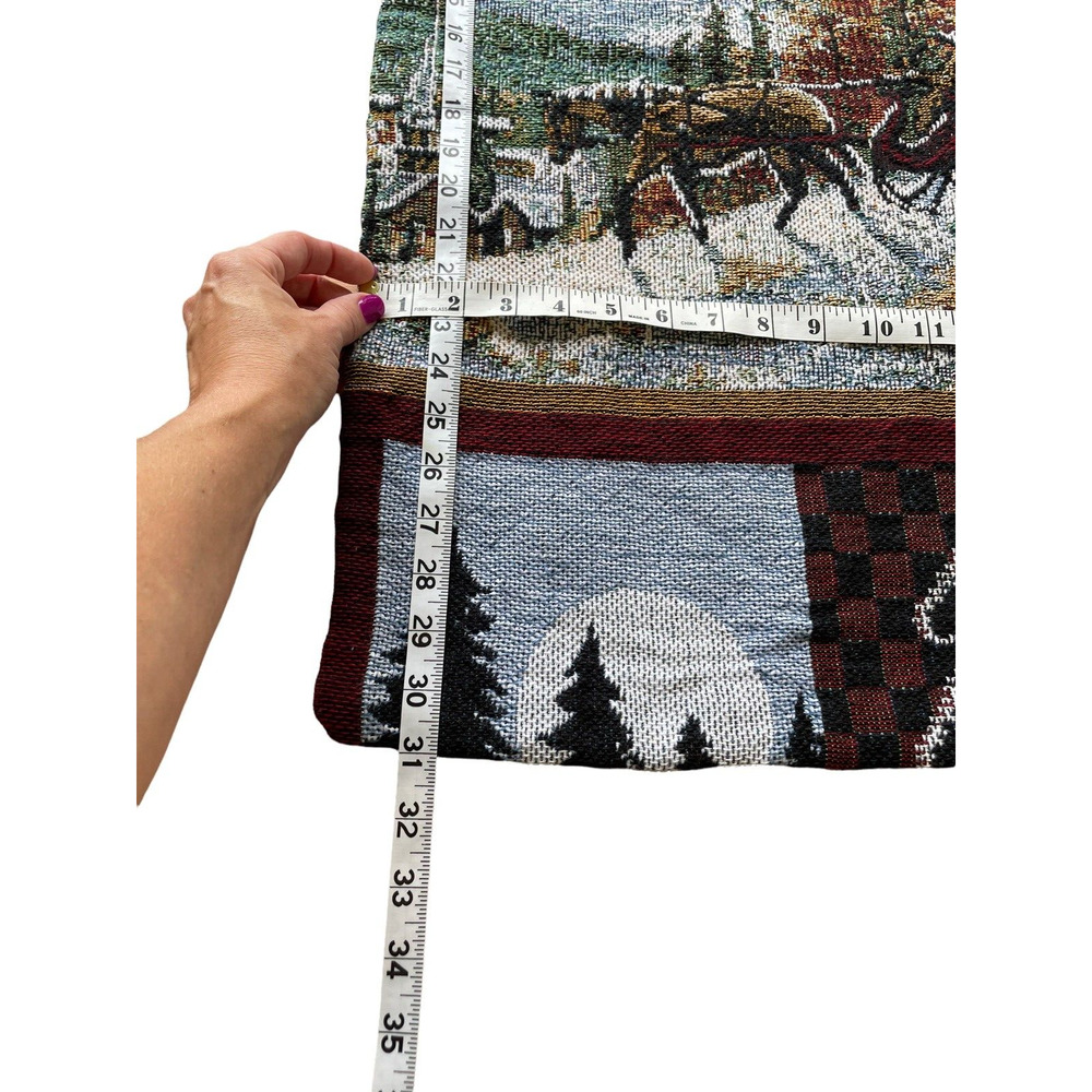 *Tapestry Pillow Case Church Horse Sleigh Snow Bells Trees Fringe Town Jacquard - Picture 7 of 8